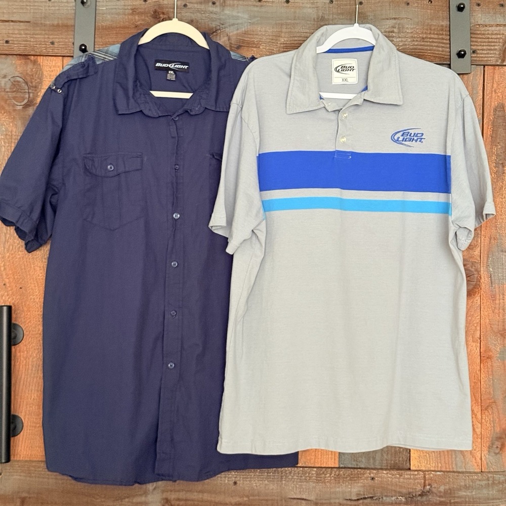 Lot Of 2 Bud Light XXL Shirts Blue Button Up And Gray Polo Beer Promo